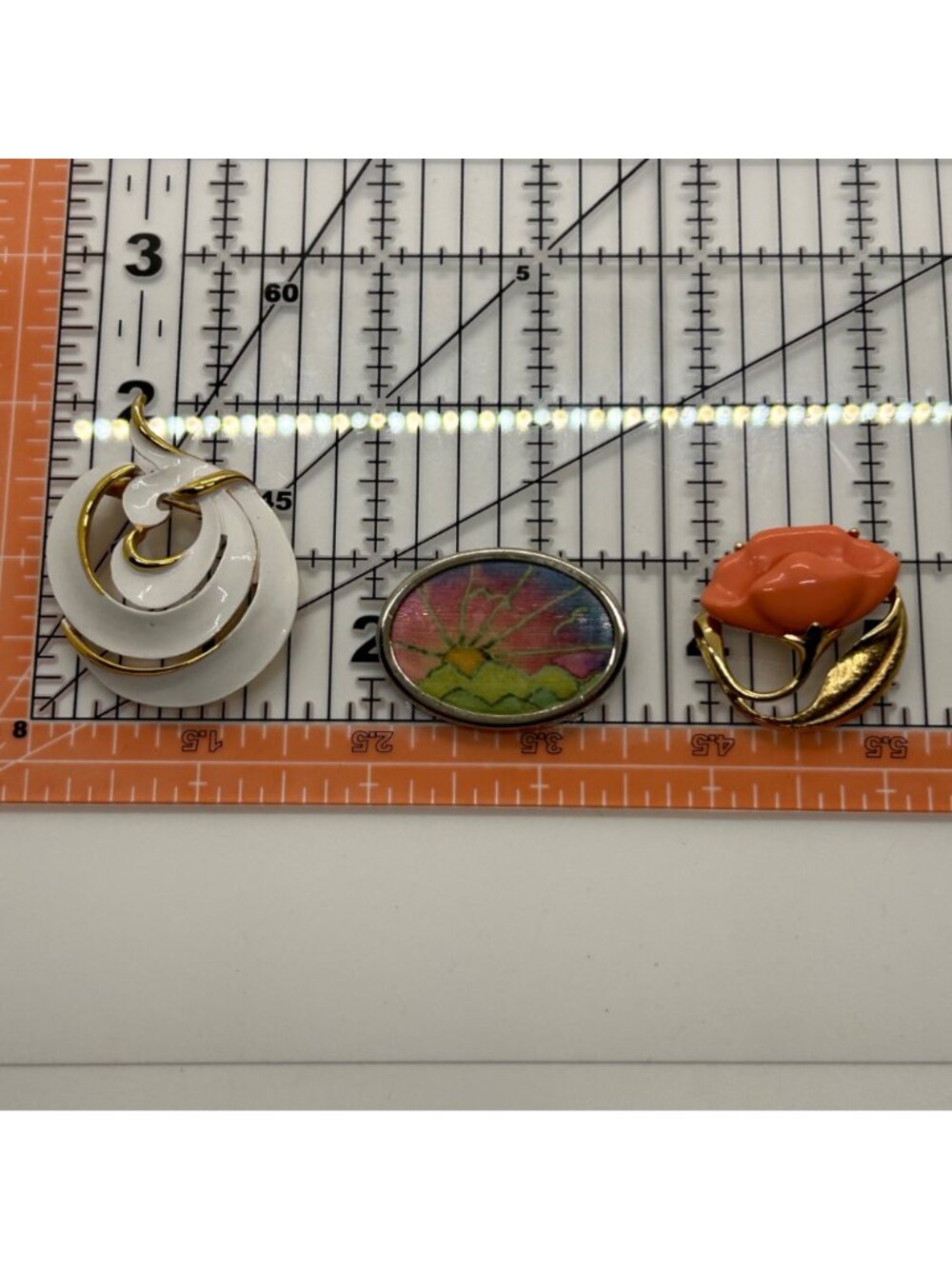 Vintage Brooch Pin Lot White Enamel Coral Flower Sunrise Landscape Costume 3pc - Picture 9 of 9